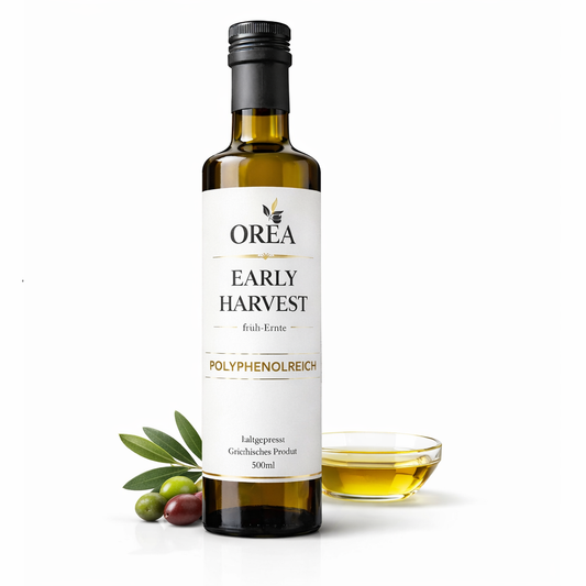 OREA Early Harvest Natives Olivenöl Extra – Polyphenol-Gehalt 627 mg/kg, intensiver Geschmack, Olivenöl zum Verzehr, ohne Künstliche Zusätze – 500 ml