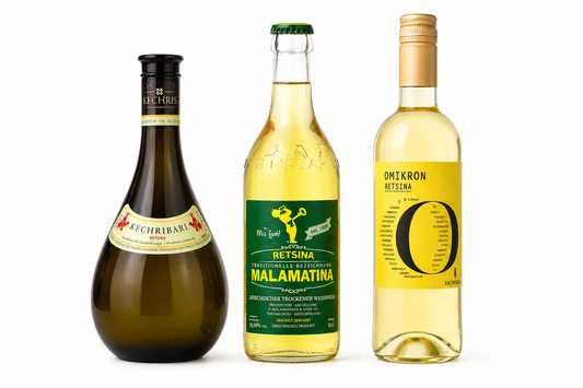 Griechisches Retsina Probier-Set – Malamatina, Kechribari & Omikron | 3 traditionelle Weißweine aus Griechenland | Harziger Kultwein mit mediterranem Aroma
