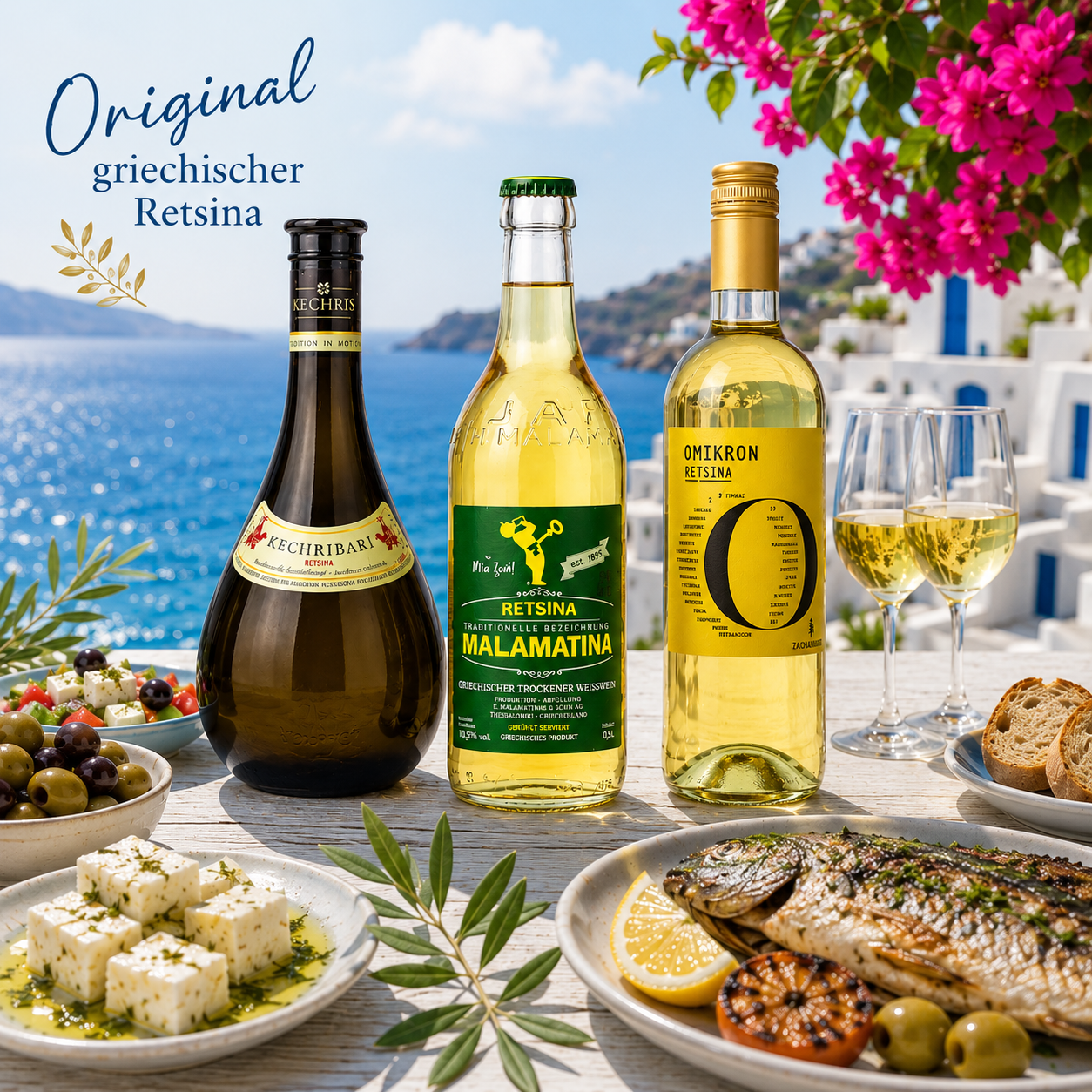 Griechisches Retsina Probier-Set – Malamatina, Kechribari & Omikron | 3 traditionelle Weißweine aus Griechenland | Harziger Kultwein mit mediterranem Aroma