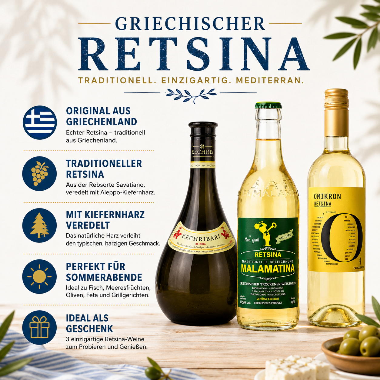Griechisches Retsina Probier-Set – Malamatina, Kechribari & Omikron | 3 traditionelle Weißweine aus Griechenland | Harziger Kultwein mit mediterranem Aroma