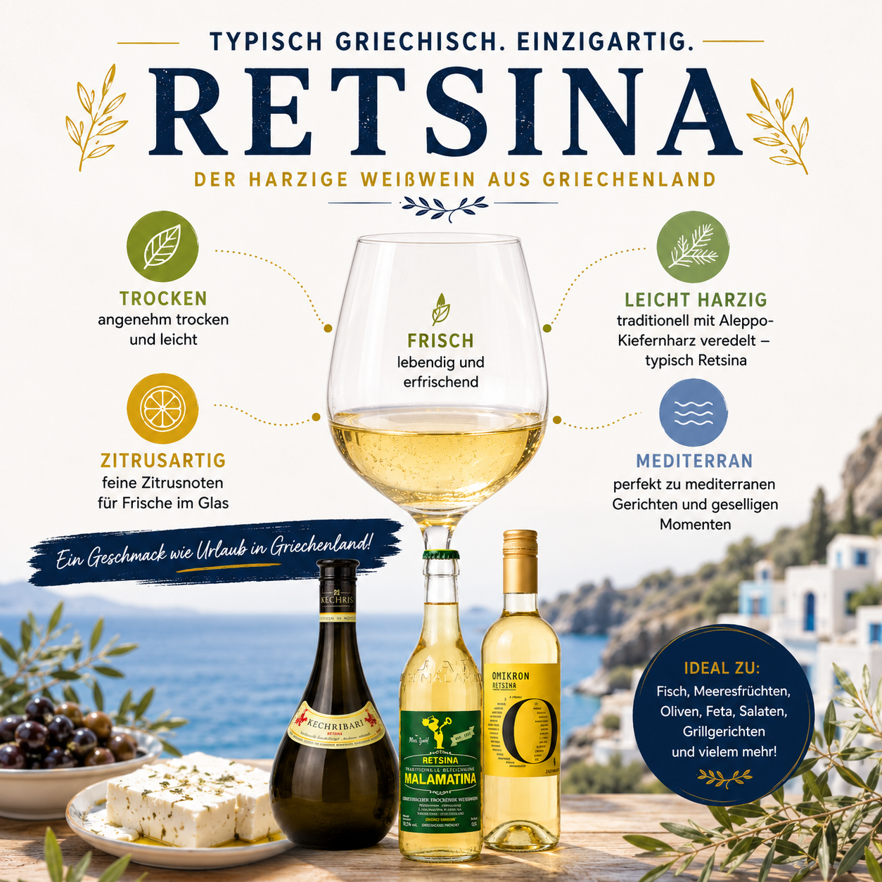Griechisches Retsina Probier-Set – Malamatina, Kechribari & Omikron | 3 traditionelle Weißweine aus Griechenland | Harziger Kultwein mit mediterranem Aroma