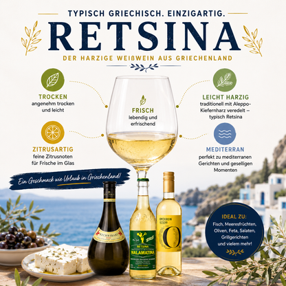 Griechisches Retsina Probier-Set – Malamatina, Kechribari & Omikron | 3 traditionelle Weißweine aus Griechenland | Harziger Kultwein mit mediterranem Aroma