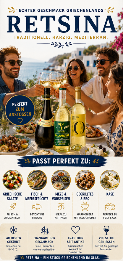 Griechisches Retsina Probier-Set – Malamatina, Kechribari & Omikron | 3 traditionelle Weißweine aus Griechenland | Harziger Kultwein mit mediterranem Aroma