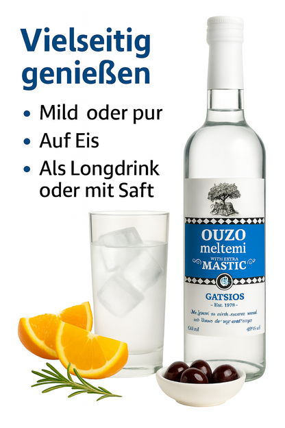 GATSIOS Ouzo Meltemi Mastic 40% Vol. – Griechischer Ouzo mit extra Mastix, 500 ml Flasche in Geschenk-Metalldose