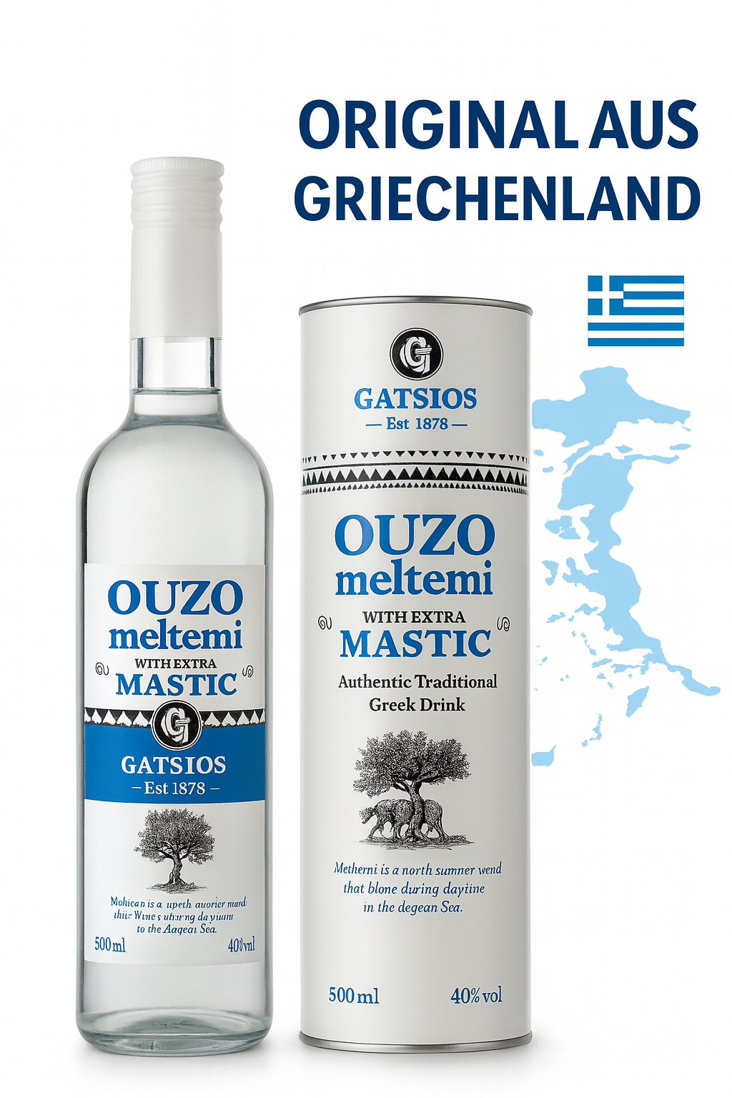 GATSIOS Ouzo Meltemi Mastic 40% Vol. – Griechischer Ouzo mit extra Mastix, 500 ml Flasche in Geschenk-Metalldose