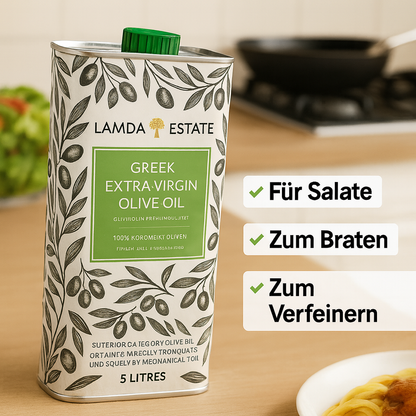Lamda Estate Griechisches Olivenöl 5 L – Extra Nativ – 100 % Koroneiki – Kaltgepresst aus dem Peloponnes