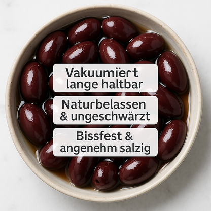 OREA Feinkost – Natives Olivenöl extra 5 L (Kreta, Koroneiki) – Set mit Kalamata-Oliven 3×250 g