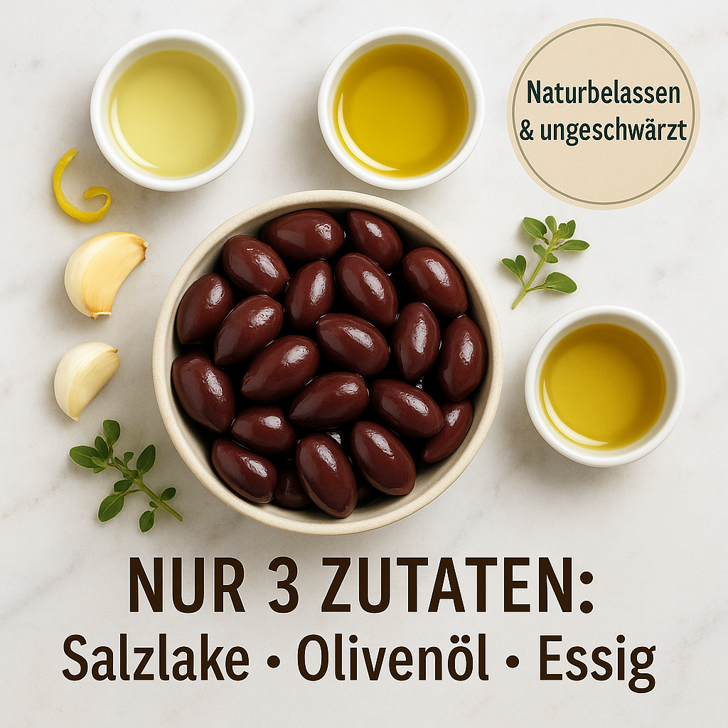 OREA Feinkost – Natives Olivenöl extra 5 L (Kreta, Koroneiki) – Set mit Kalamata-Oliven 3×250 g