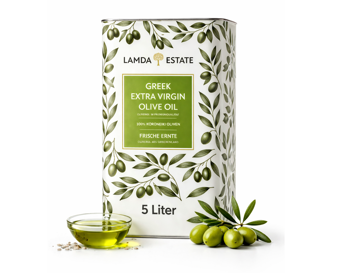 Lamda Estate Griechisches Olivenöl 5 L – Extra Nativ – 100 % Koroneiki – Kaltgepresst aus dem Peloponnes