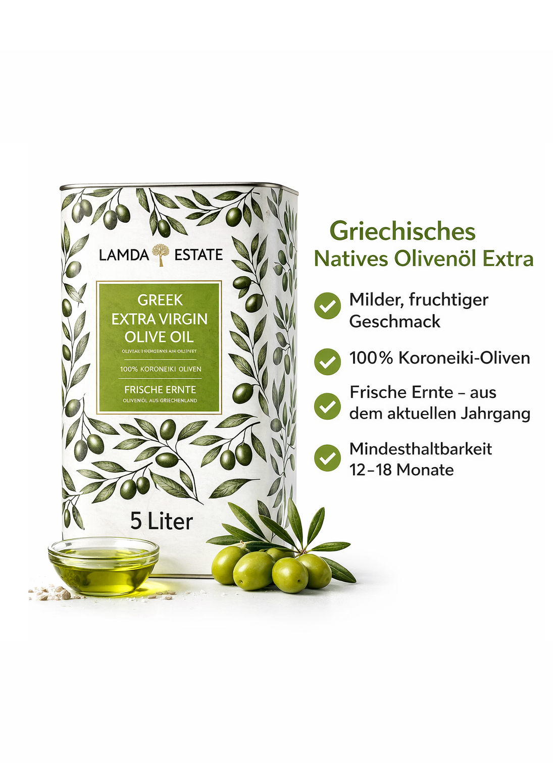 Lamda Estate Griechisches Olivenöl 5 L – Extra Nativ – 100 % Koroneiki – Kaltgepresst aus dem Peloponnes