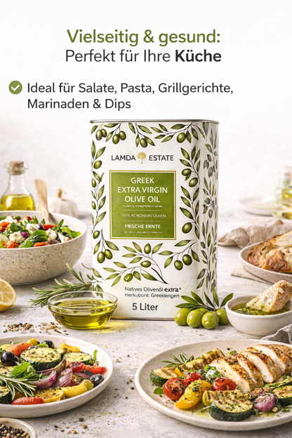 Lamda Estate Griechisches Olivenöl 5 L – Extra Nativ – 100 % Koroneiki – Kaltgepresst aus dem Peloponnes