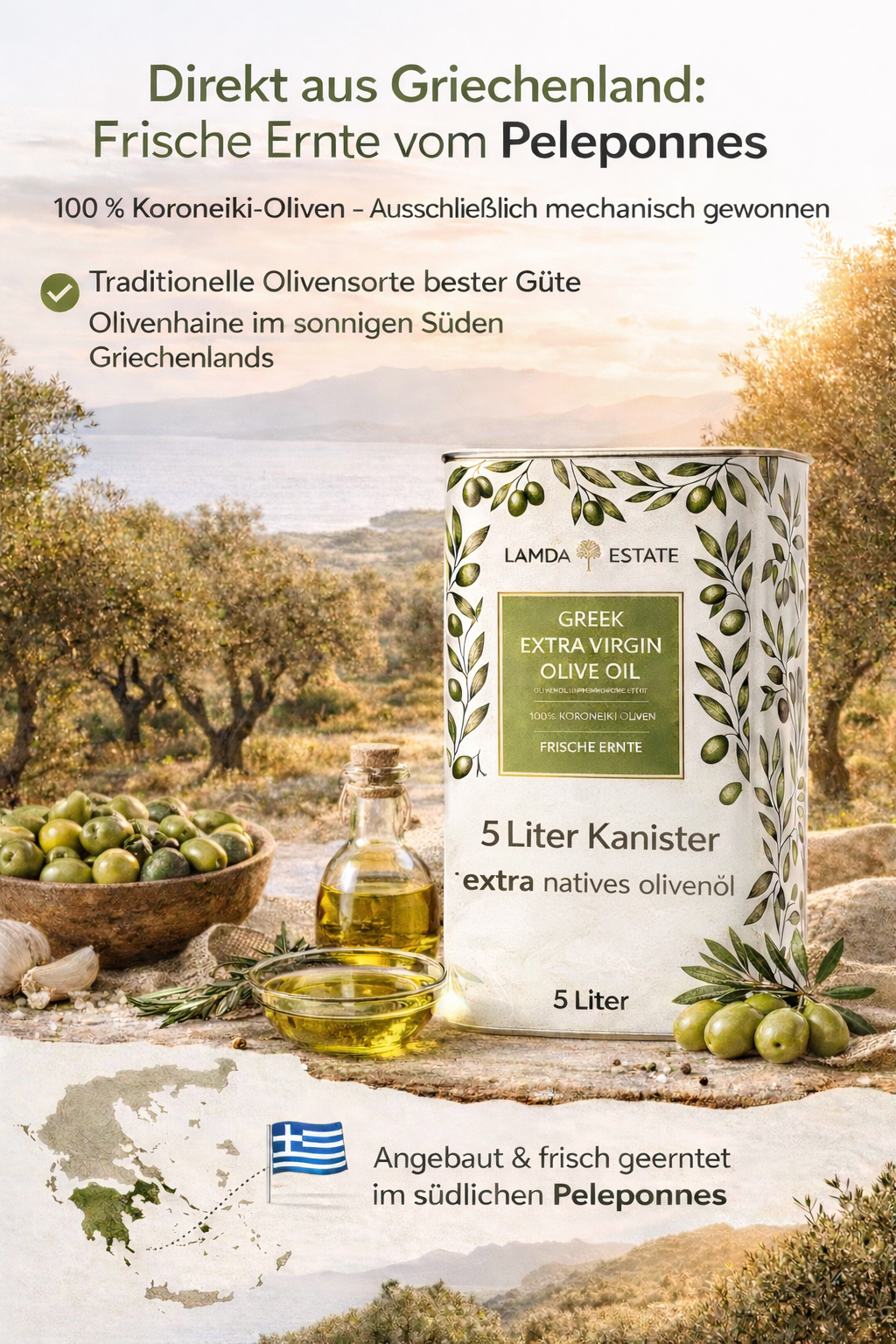 Lamda Estate Griechisches Olivenöl 5 L – Extra Nativ – 100 % Koroneiki – Kaltgepresst aus dem Peloponnes