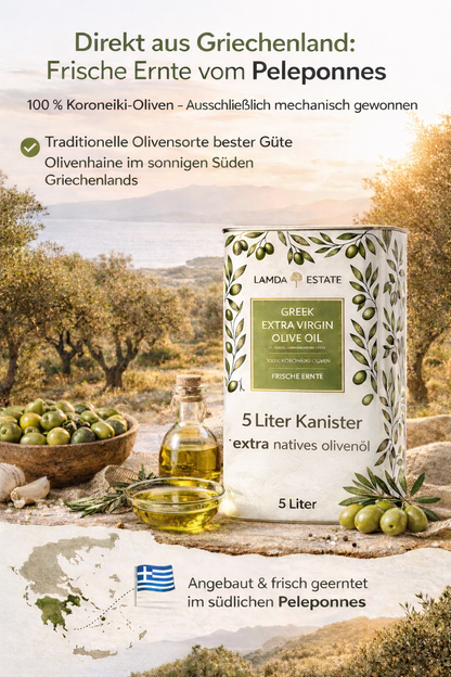Lamda Estate Griechisches Olivenöl 5 L – Extra Nativ – 100 % Koroneiki – Kaltgepresst aus dem Peloponnes