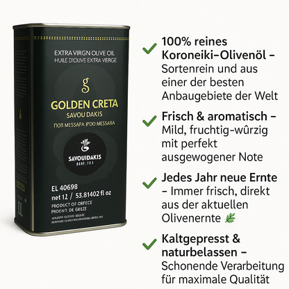 Golden Creta, natives Olivenöl extra aus Kreta 1 Liter Kanister, frische Ernte