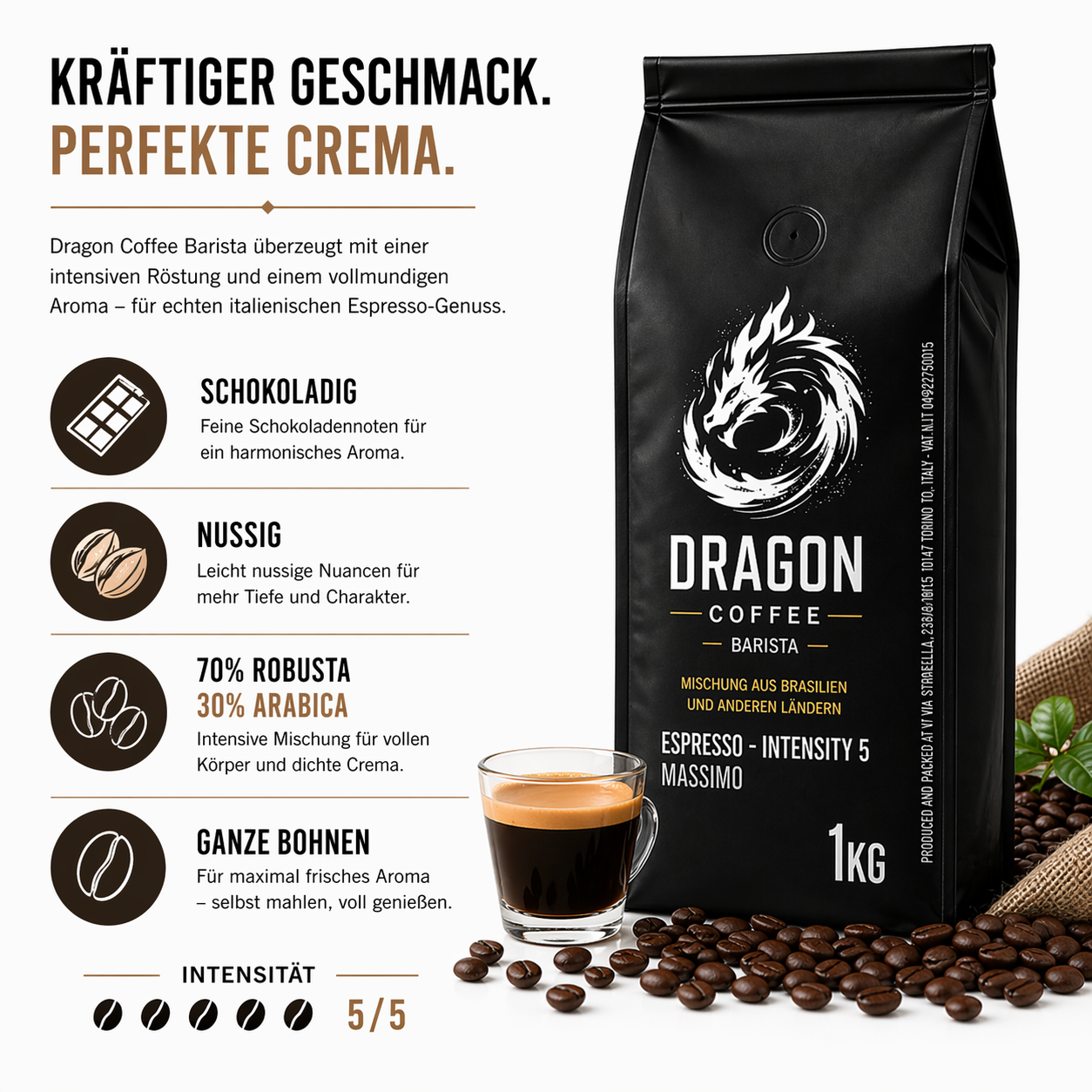 Dragon Coffee Barista Espresso Bohnen 1kg – Intensität 5 – 70% Robusta – Für Siebträger & Vollautomat