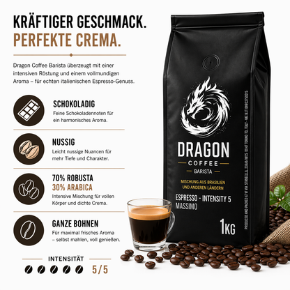 Dragon Coffee Barista Espresso Bohnen 1kg – Intensität 5 – 70% Robusta – Für Siebträger & Vollautomat