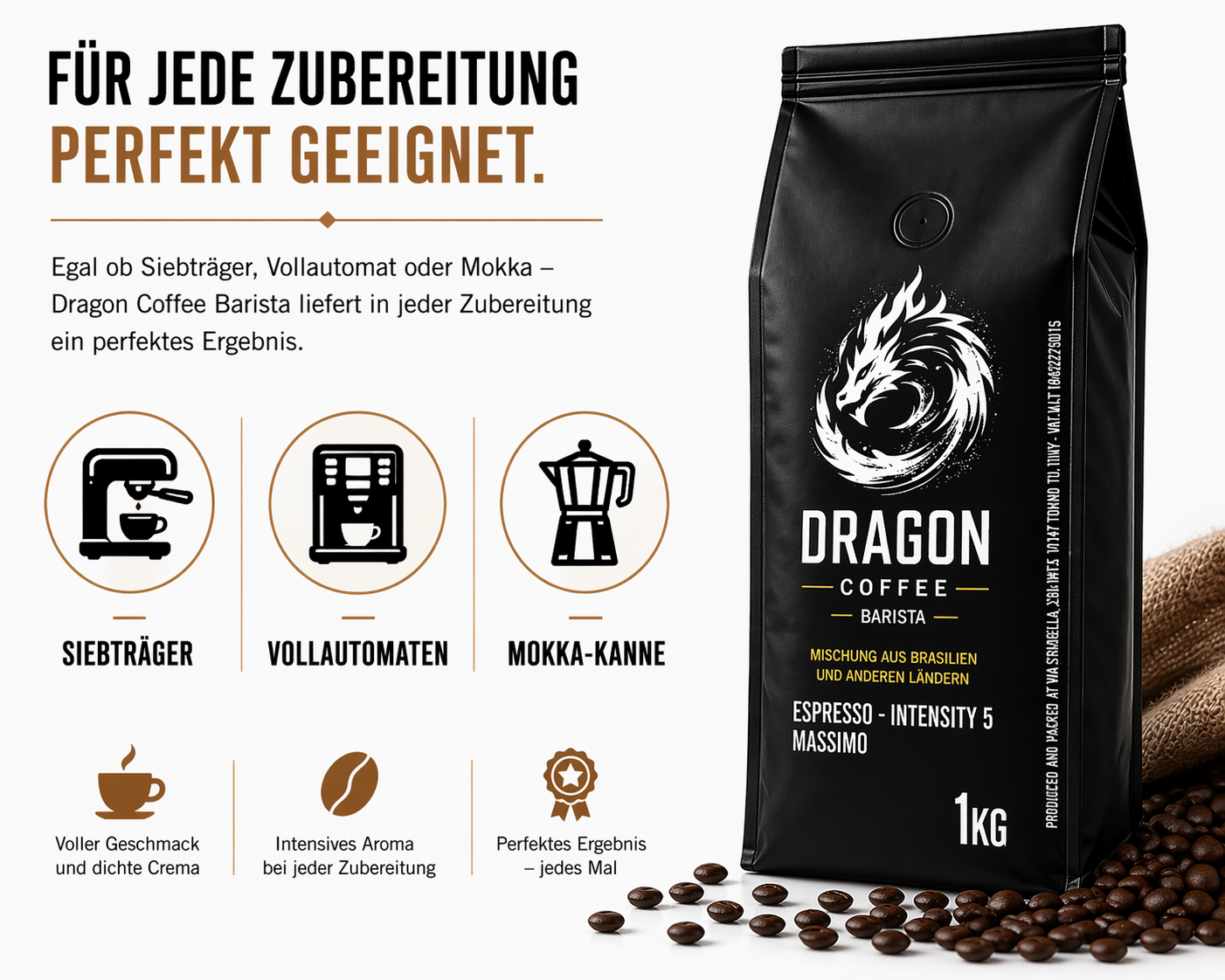 Dragon Coffee Barista Espresso Bohnen 1kg – Intensität 5 – 70% Robusta – Für Siebträger & Vollautomat