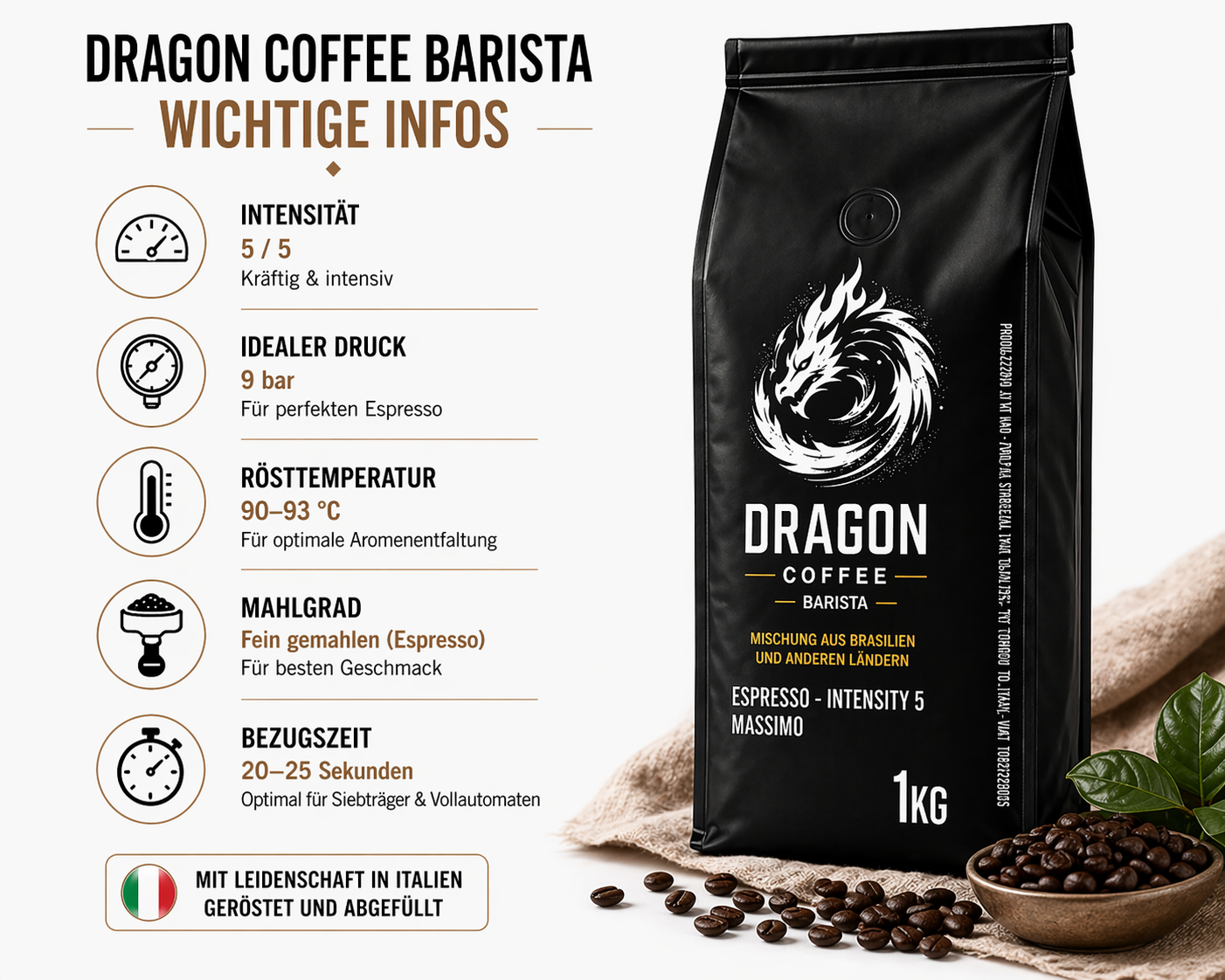 Dragon Coffee Barista Espresso Bohnen 1kg – Intensität 5 – 70% Robusta – Für Siebträger & Vollautomat