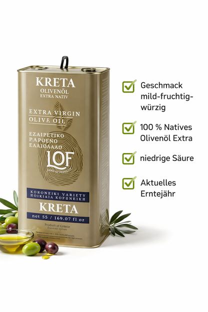 Kreta LOF griechisches Olivenöl 5 Liter extra nativ Kanister (mindesthaltbar unter 12 Monate)