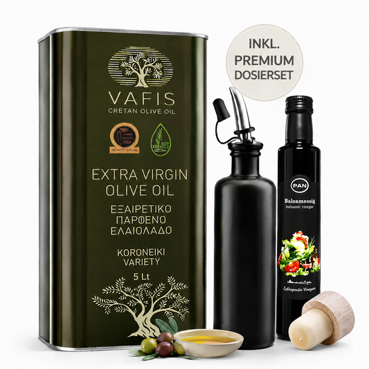 5L Extra Natives Olivenöl aus Kreta (Ernte 2025/26) inkl. Premium Dosierflasche, Edelstahl-Ausgießer & Balsamico