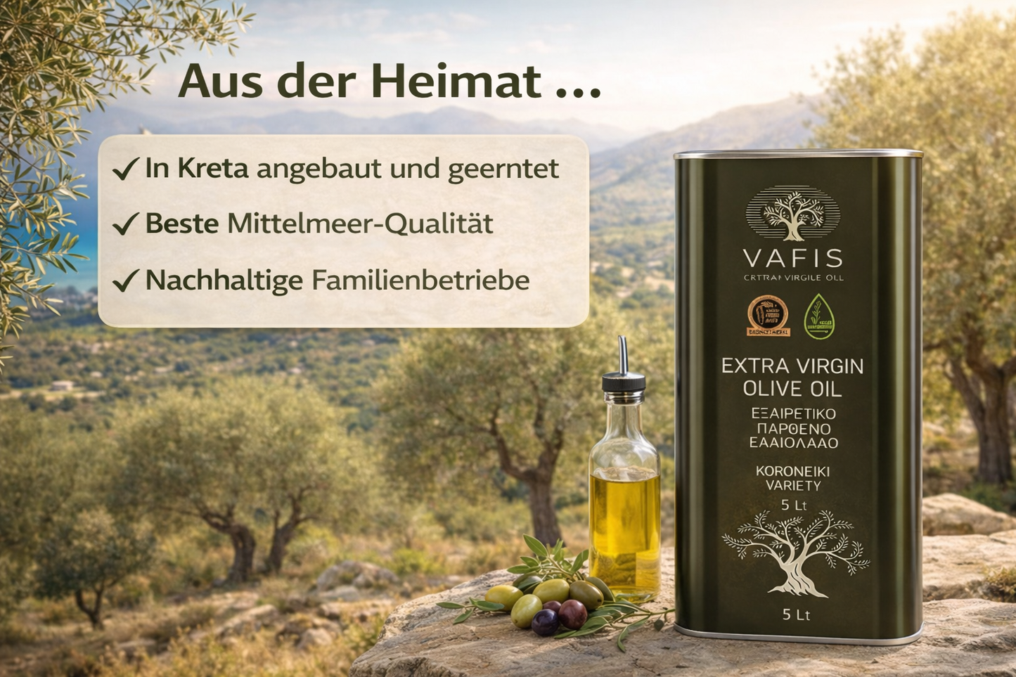 VAFIS Olivenöl 5L – 100 % Koroneiki aus Kreta – Frische Ernte - extra nativ griechisches Olivenöl