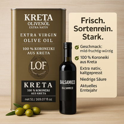 Kreta LOF Olivenöl 5L extra nativ im Kanister + GRATIS Balsamico Essig (250 ml)
