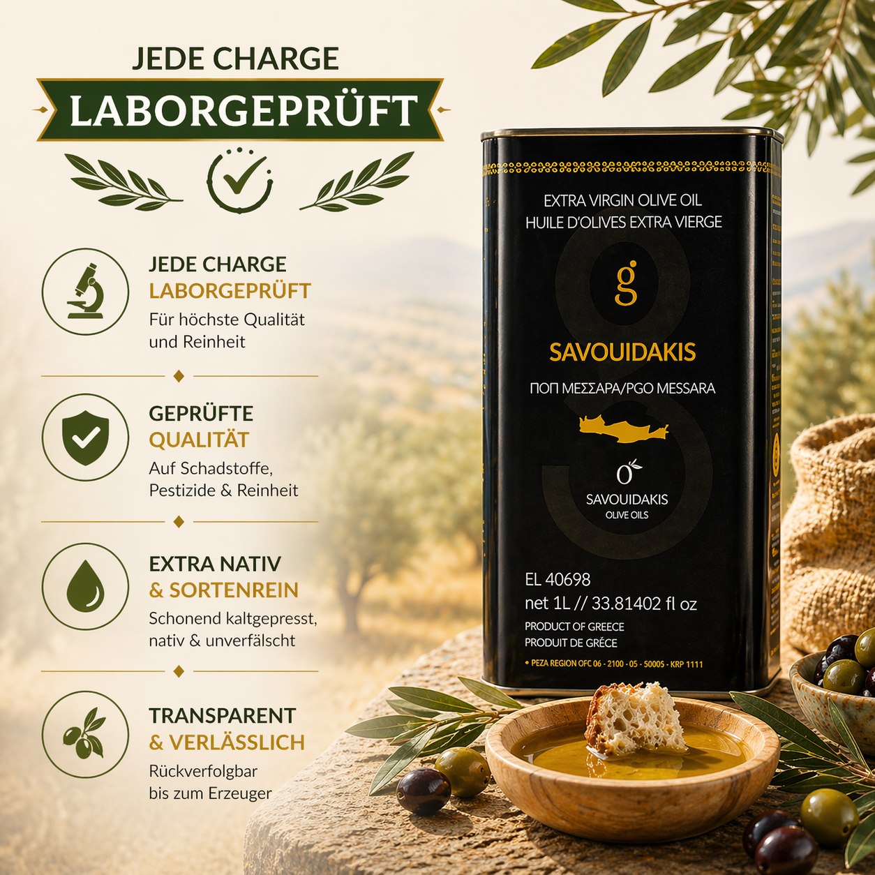 Golden Creta, natives Olivenöl extra aus Kreta 1 Liter Kanister, frische Ernte