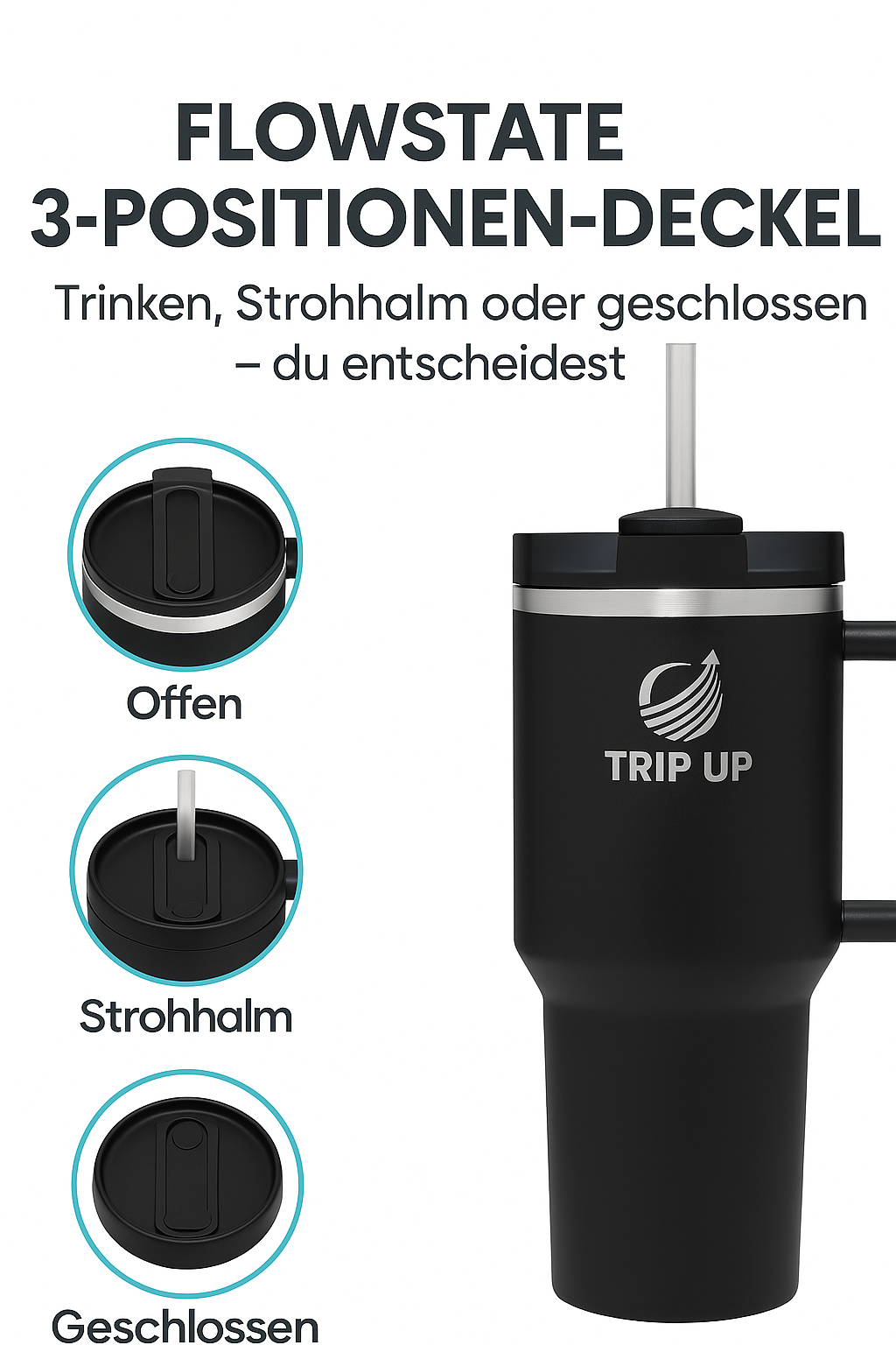 Trip Up Thermobecher Edelstahl, BPA-frei, Spülmaschinenfest, Auslaufsicher 40oz (Jet Black)