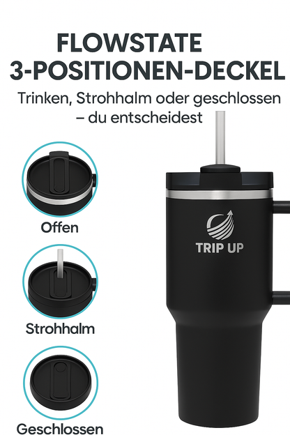 Trip Up Thermobecher Edelstahl, BPA-frei, Spülmaschinenfest, Auslaufsicher 40oz (Jet Black)