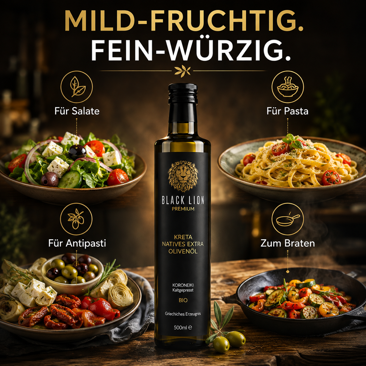 Black Lion BIO Olivenöl aus Kreta – 6x 750ml – extra nativ, kaltgepresst & fruchtig-mild – Premium Olivenöl direkt vom Erzeuger