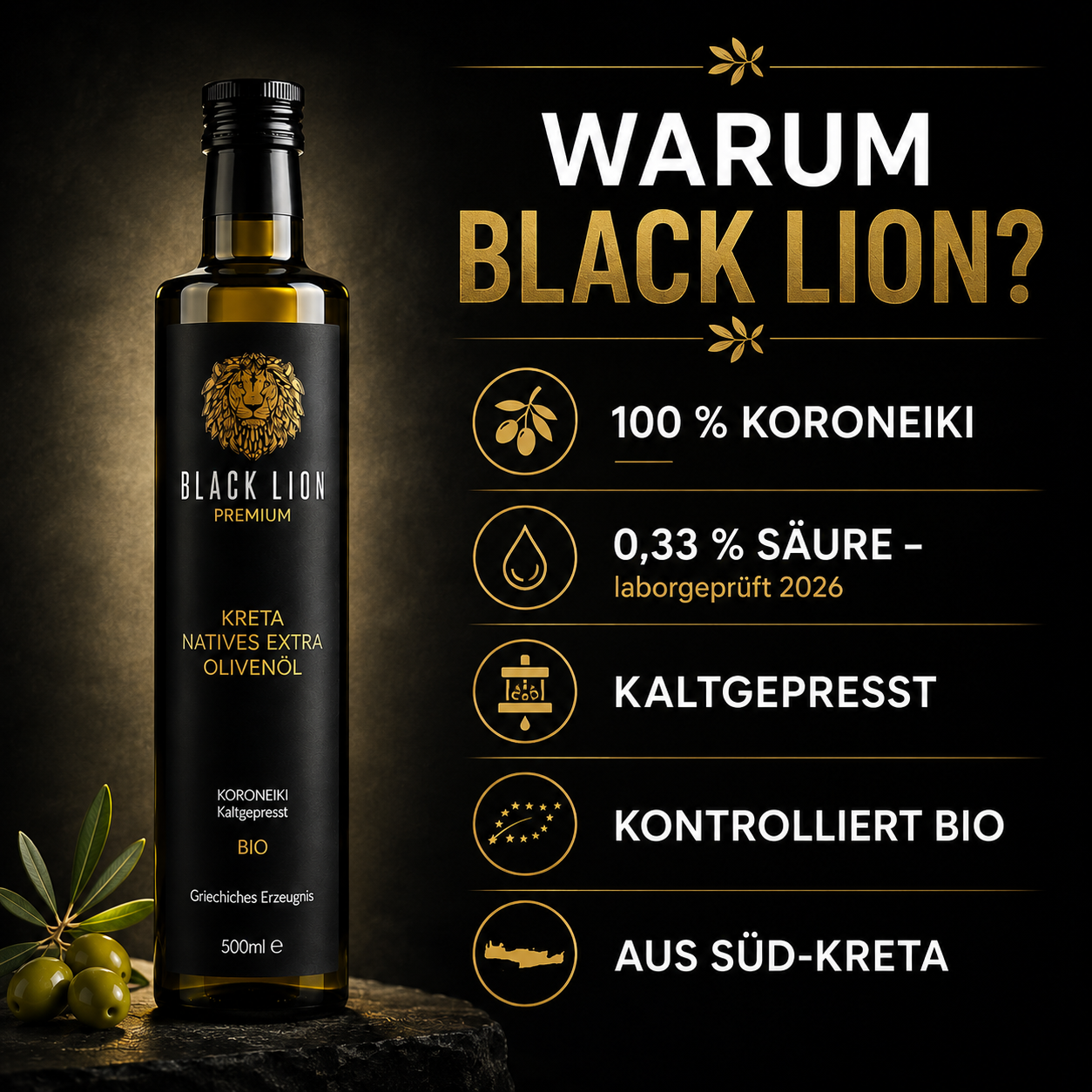 Black Lion BIO Olivenöl aus Kreta – 6x 750ml – extra nativ, kaltgepresst & fruchtig-mild – Premium Olivenöl direkt vom Erzeuger