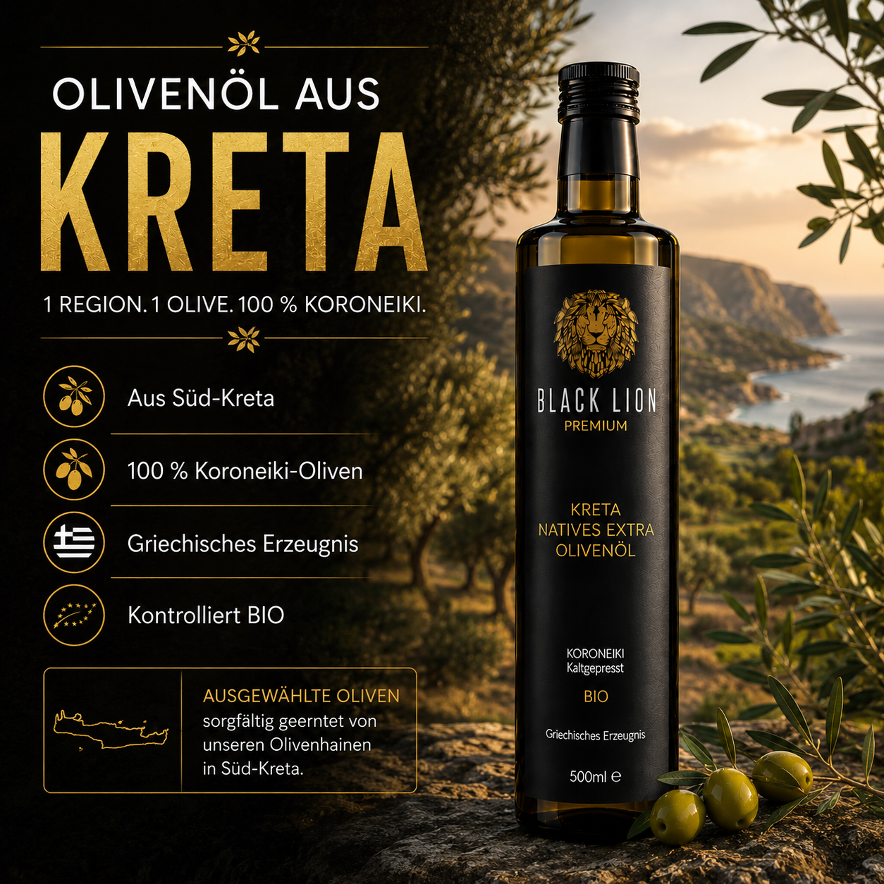 Black Lion BIO Olivenöl aus Kreta – 6x 750ml – extra nativ, kaltgepresst & fruchtig-mild – Premium Olivenöl direkt vom Erzeuger