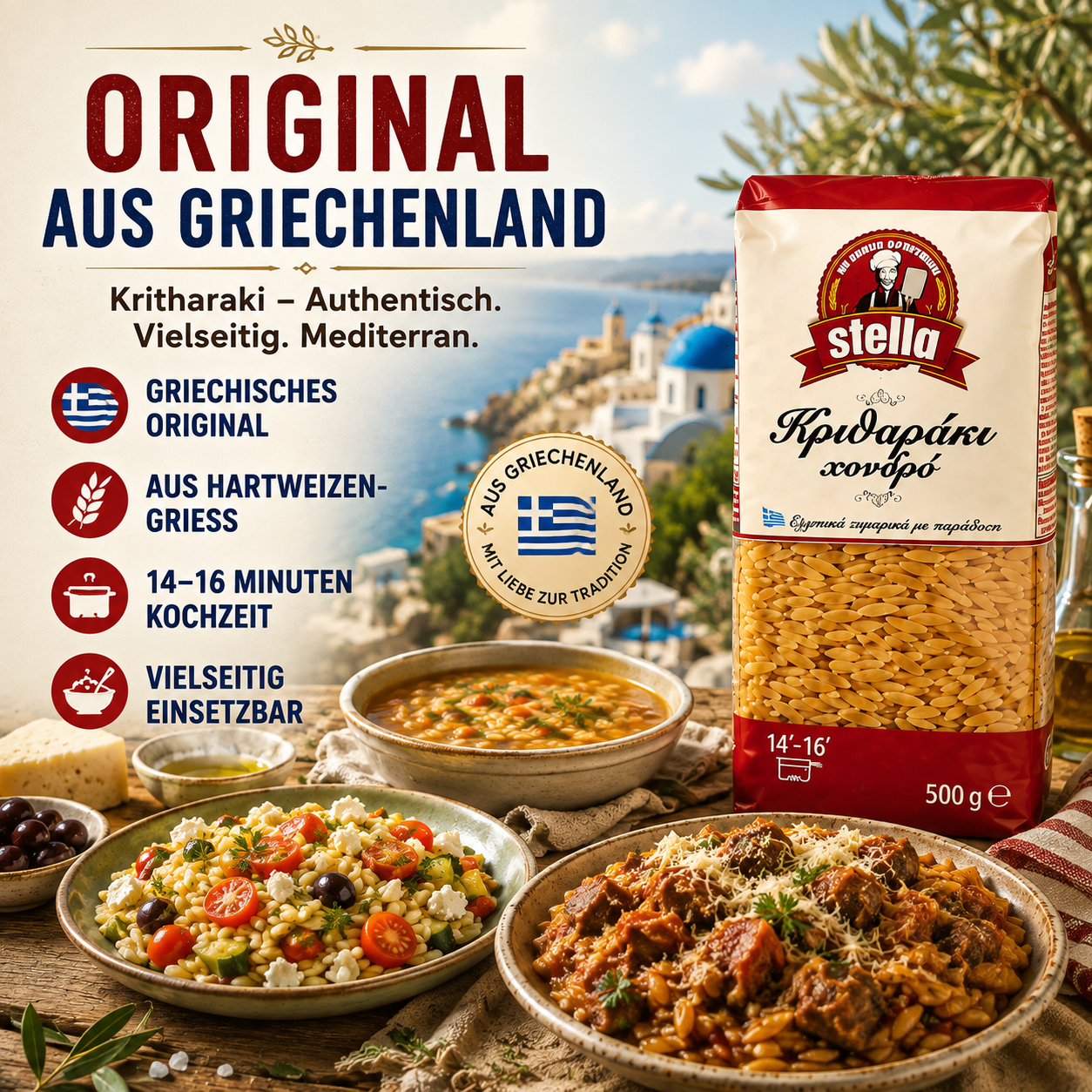 Stella Orzo - Kritharaki griechische Reisnudeln - 12x500g + feines Kalas Salz 250g