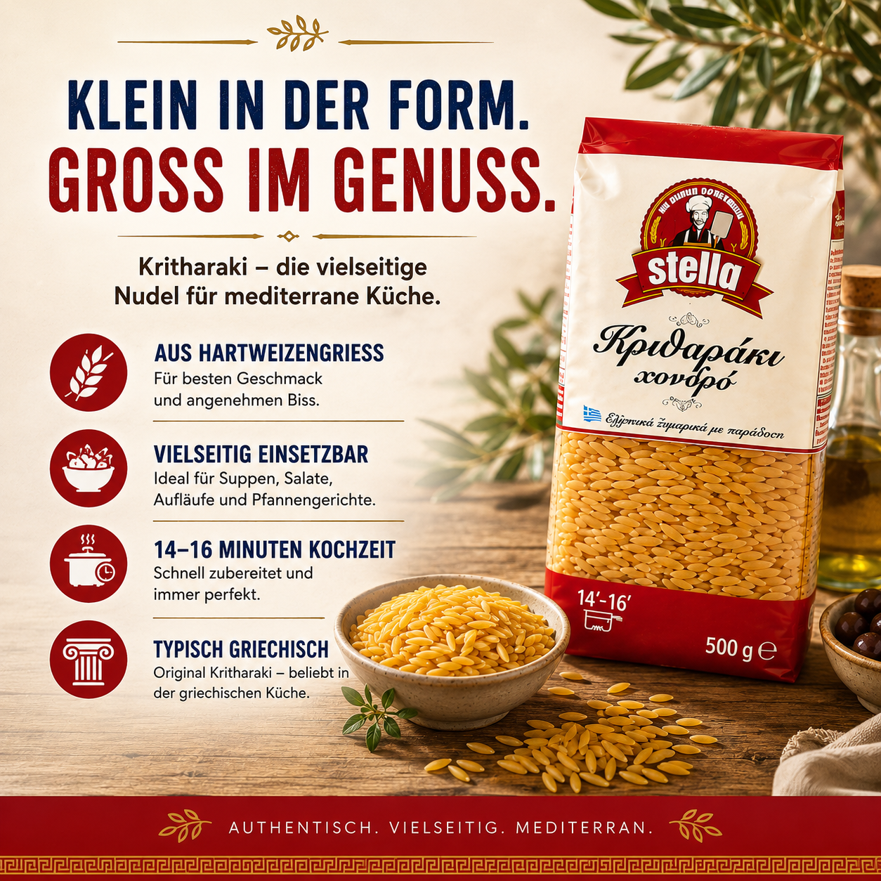 Stella Orzo - Kritharaki griechische Reisnudeln - 12x500g + feines Kalas Salz 250g