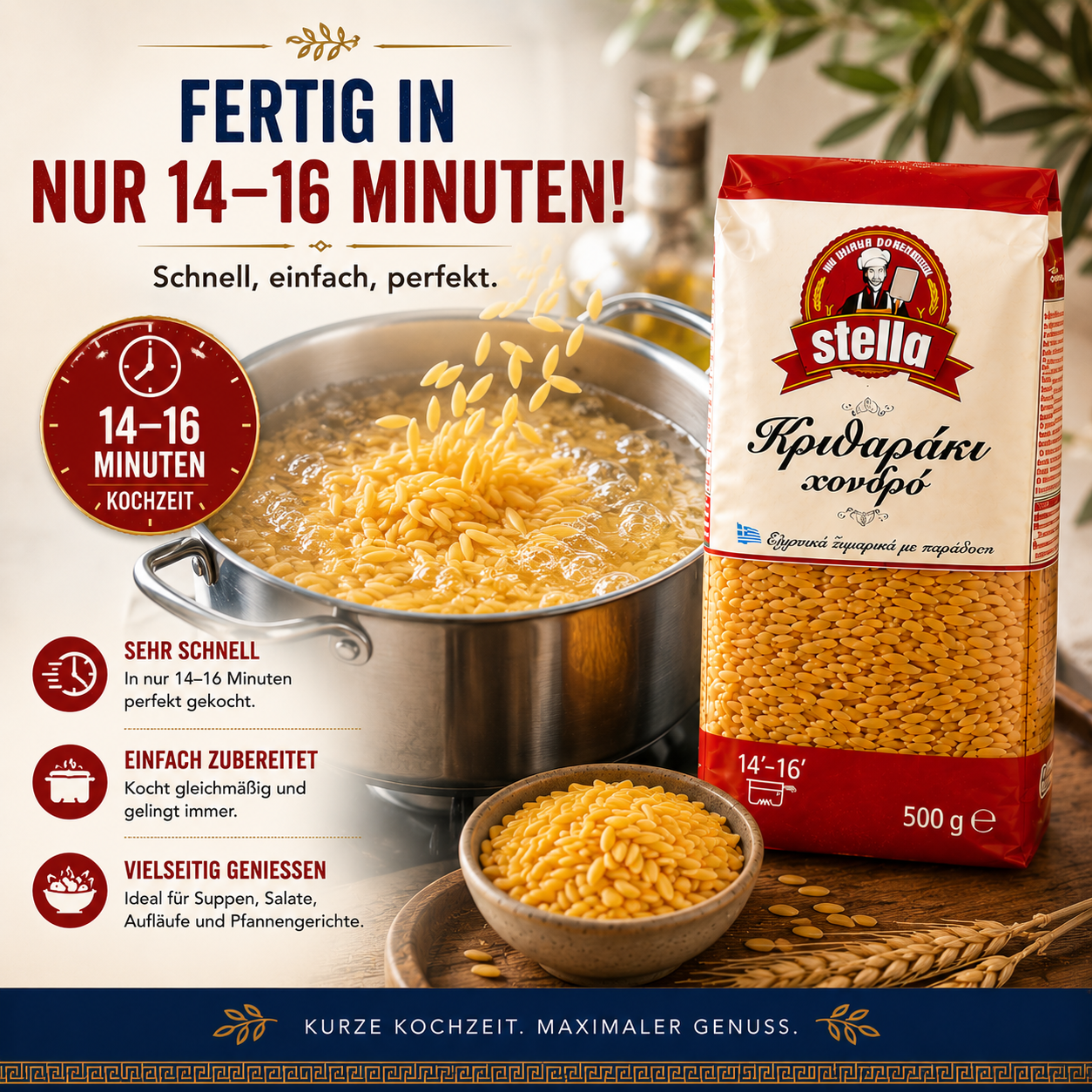 Stella Orzo - Kritharaki griechische Reisnudeln - 12x500g + feines Kalas Salz 250g