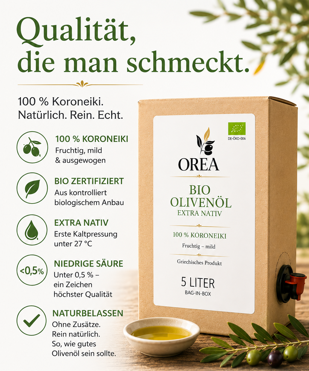 OREA-FEINKOST Bio griechisches Olivenöl nativ extra – Bag-in-Box 5 L | 📦Aktuell nicht auf Lager, Vorbestellung möglich – 🚚Versand ab 09.07.2026