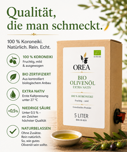 OREA-FEINKOST Bio griechisches Olivenöl nativ extra – Bag-in-Box 5 L | 📦Aktuell nicht auf Lager, Vorbestellung möglich – 🚚Versand ab 09.07.2026