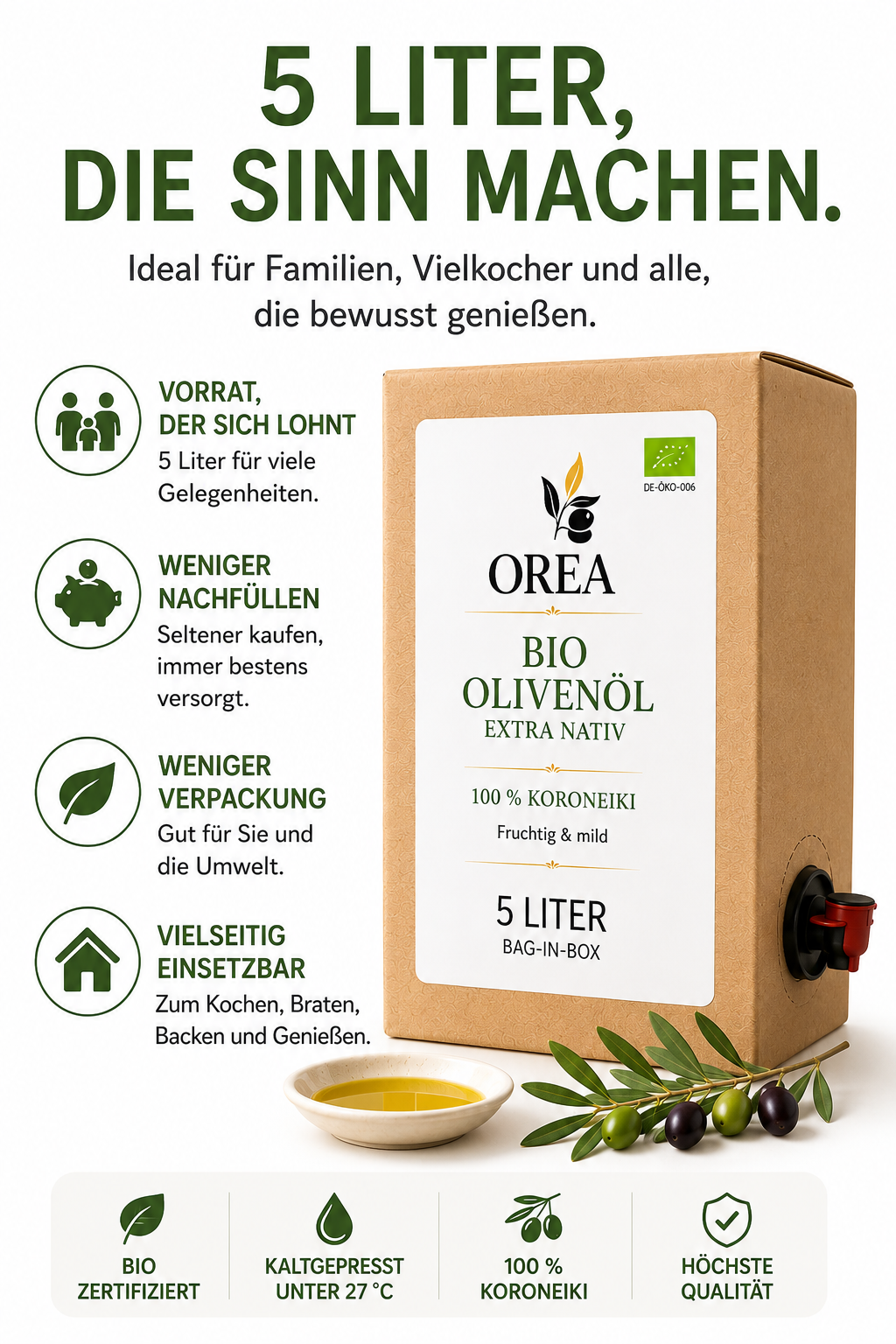 OREA-FEINKOST Bio griechisches Olivenöl nativ extra – Bag-in-Box 5 L | 📦Aktuell nicht auf Lager, Vorbestellung möglich – 🚚Versand ab 09.07.2026