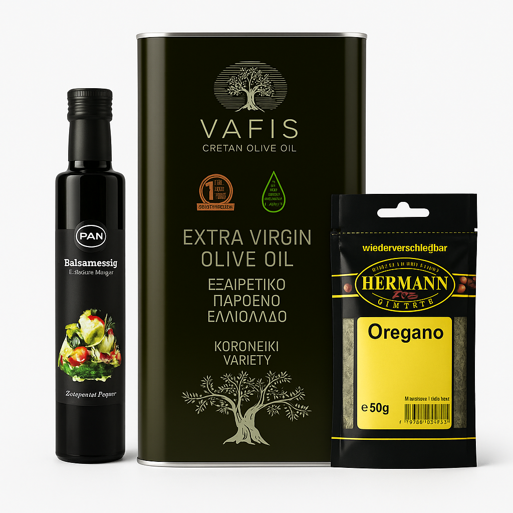 OREA Feinkost – Natives Olivenöl extra 5 L (Kreta, Koroneiki) – Set mit Balsamico 250 ml + Oregano 50 g