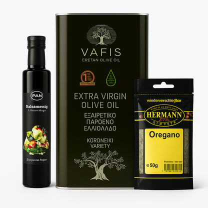 OREA Feinkost – Natives Olivenöl extra 5 L (Kreta, Koroneiki) – Set mit Balsamico 250 ml + Oregano 50 g
