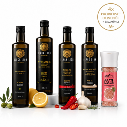 Black Lion Premium Genuss-Set – 4x 500 ml Olivenöl + Salz- Pfeffermühlemühle gratis