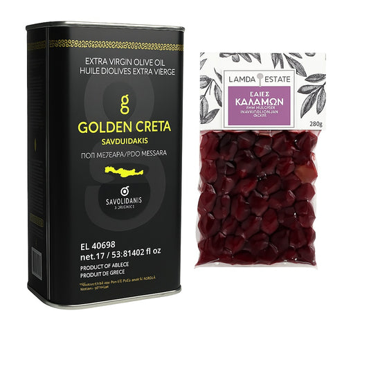 Kreta Olivenöl 1L + Kalamata Oliven 250g | Probierset für Griechischen Bauernsalat | Extra Nativ, Kaltgepresst