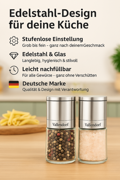 Vallendorf - Gewürzmühlenset 2in1, Salzmühle, Pfeffermühle, Elegance Steel (Edelstahl)