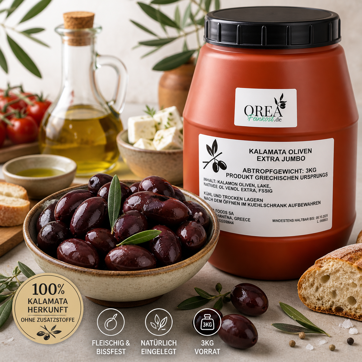 OREA-Feinkost Kalamata Oliven 3 kg (Jumbo) – Griechische Premium-Oliven | ⭐Kunden Favorit