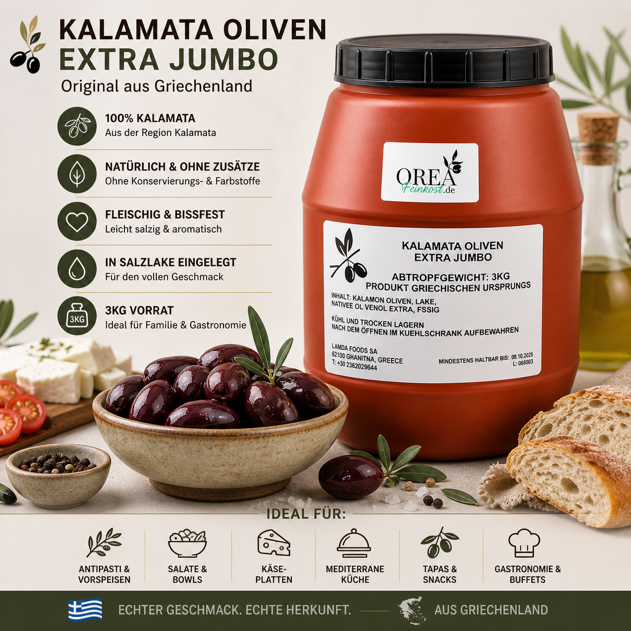 OREA-Feinkost Kalamata Oliven 3 kg (Jumbo) – Griechische Premium-Oliven | ⭐Kunden Favorit