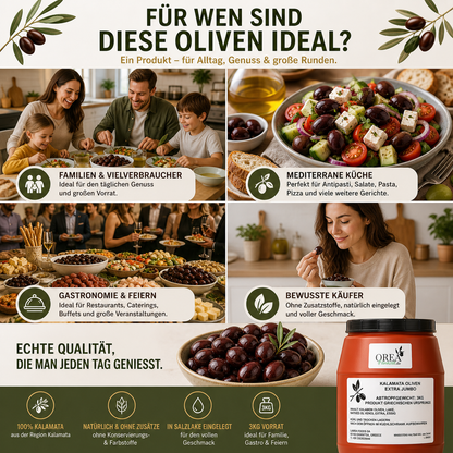 OREA-Feinkost Kalamata Oliven 3 kg (Jumbo) – Griechische Premium-Oliven | ⭐Kunden Favorit
