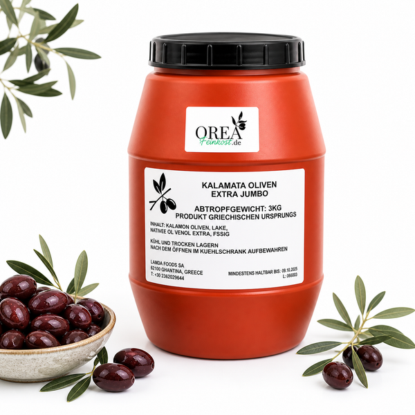 OREA-Feinkost Kalamata Oliven 3 kg (Jumbo) – Griechische Premium-Olive – OREA-FEINKOST