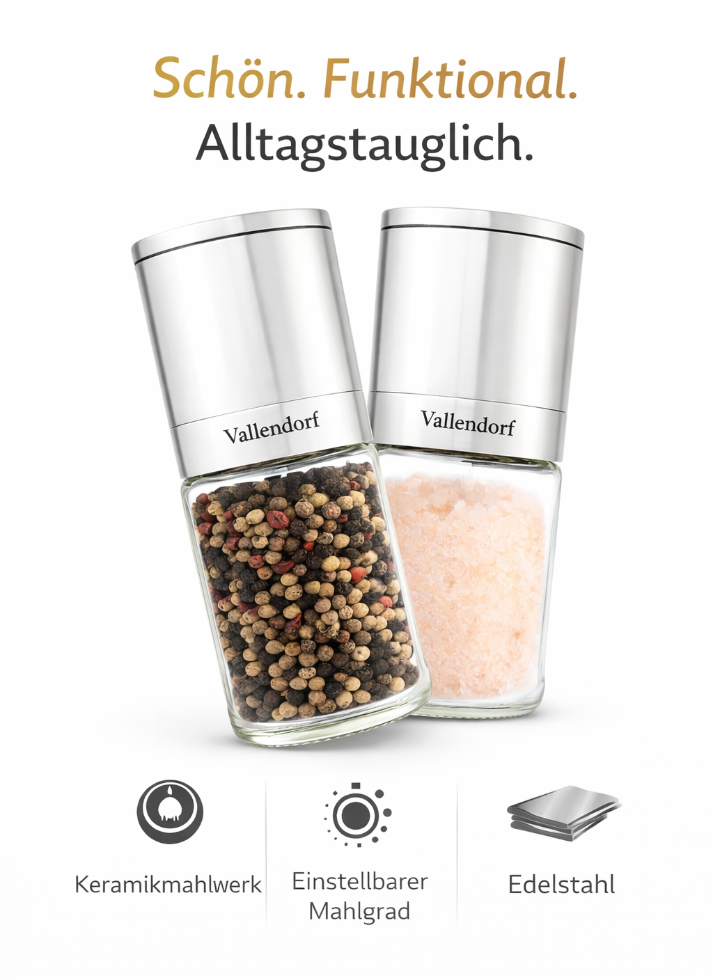 Vallendorf -Salz- & Pfeffermühle im Set – 2in1 Edelstahl Gewürzmühlen mit Keramikmahlwerk, stufenlos & nachfüllbar – Hochwertiges Geschenk