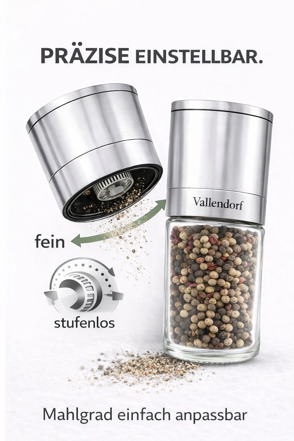 Vallendorf -Salz- & Pfeffermühle im Set – 2in1 Edelstahl Gewürzmühlen mit Keramikmahlwerk, stufenlos & nachfüllbar – Hochwertiges Geschenk