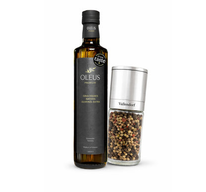 Olivenöl & Gewürzmühle Set – Extra Natives Olivenöl 500 ml aus Griechenland + Edelstahl Gewürzmühle
